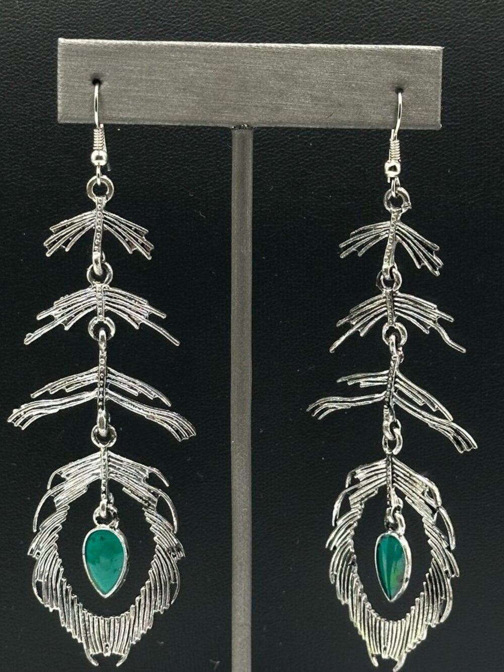 3/$30 Peacock Feather Earrings Silver Green Drop Dangle Long Pierced Bohemian